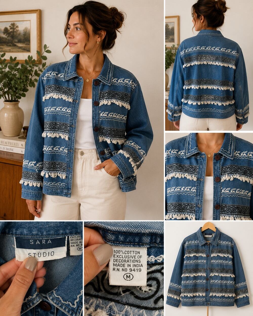Sara Studio Embroidered Fringe Denim Jacket | Boho Cotton M ✨